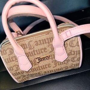 Juicy Couture Beige Monogram Mini Barrel Bag with Pink Trim